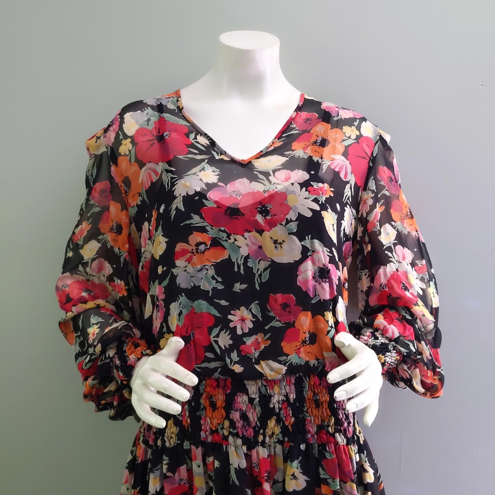 Vintage 90s Umi Collections Anne Crimmins Red Poppy Floral Silk Ruched Dress 12 - Picture 2 of 8